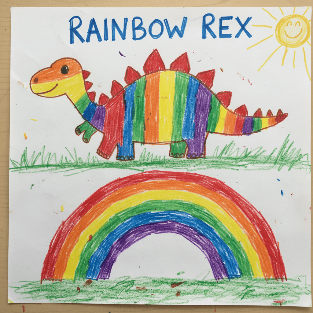Child's original crayon drawing of a rainbow dinosaur