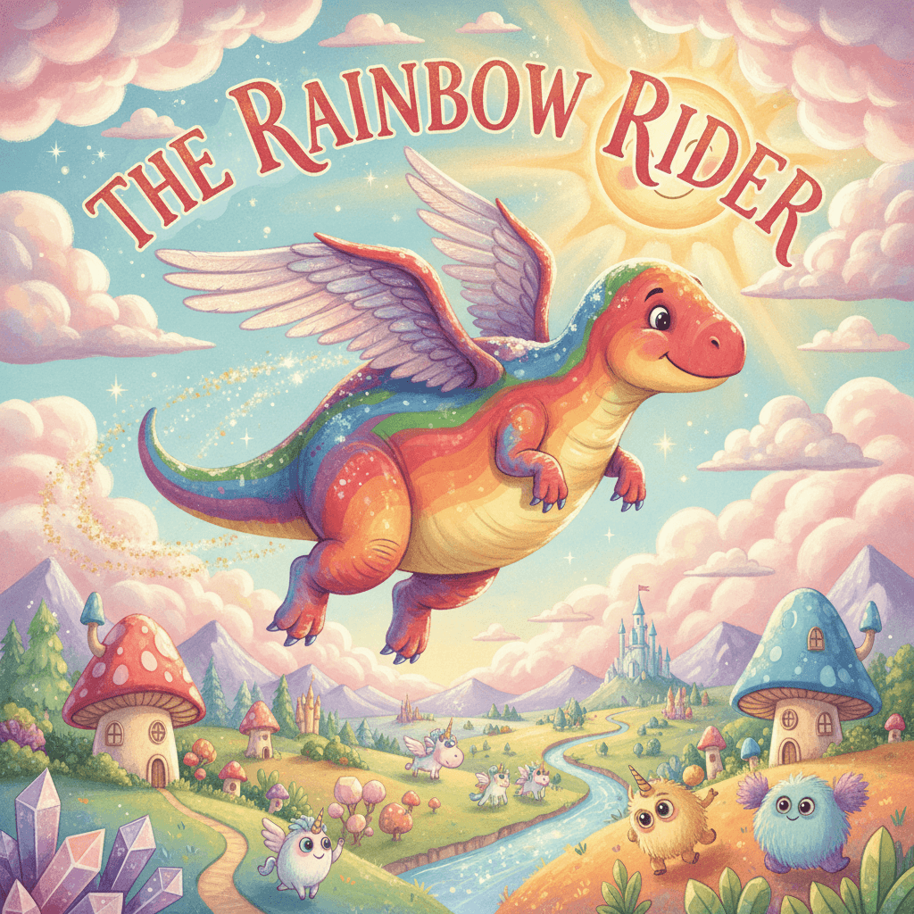 Dream Doodles illustrated version: magical rainbow dinosaur in flight