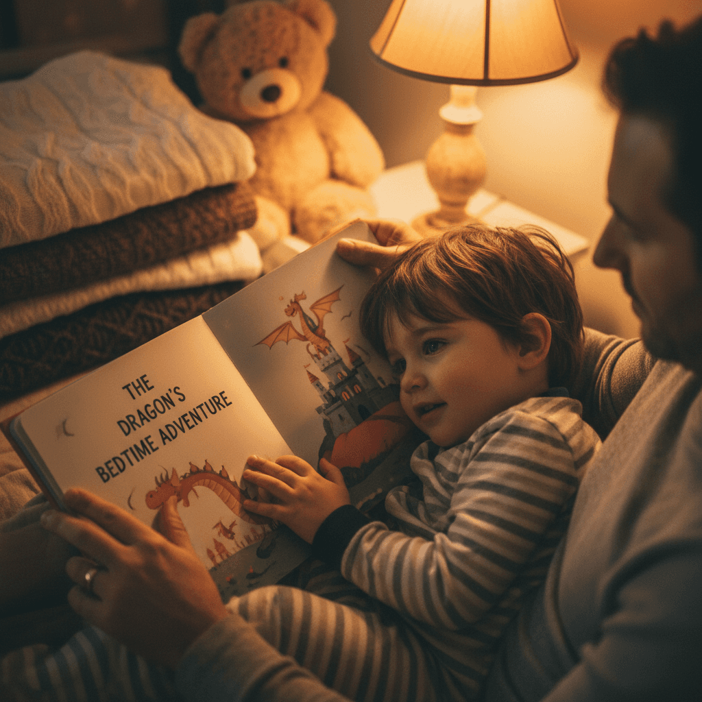 Parent and child reading colorful picture book together in warm bedroom light, heads close in intimate bonding moment